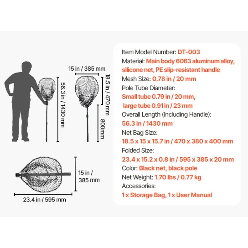 Foldable Landing Net With Telescopic Handle And Aluminum Frame