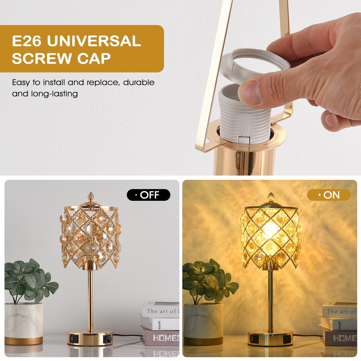 Gold Crystal Table Lamp With USB Charging Port And AC Outlet