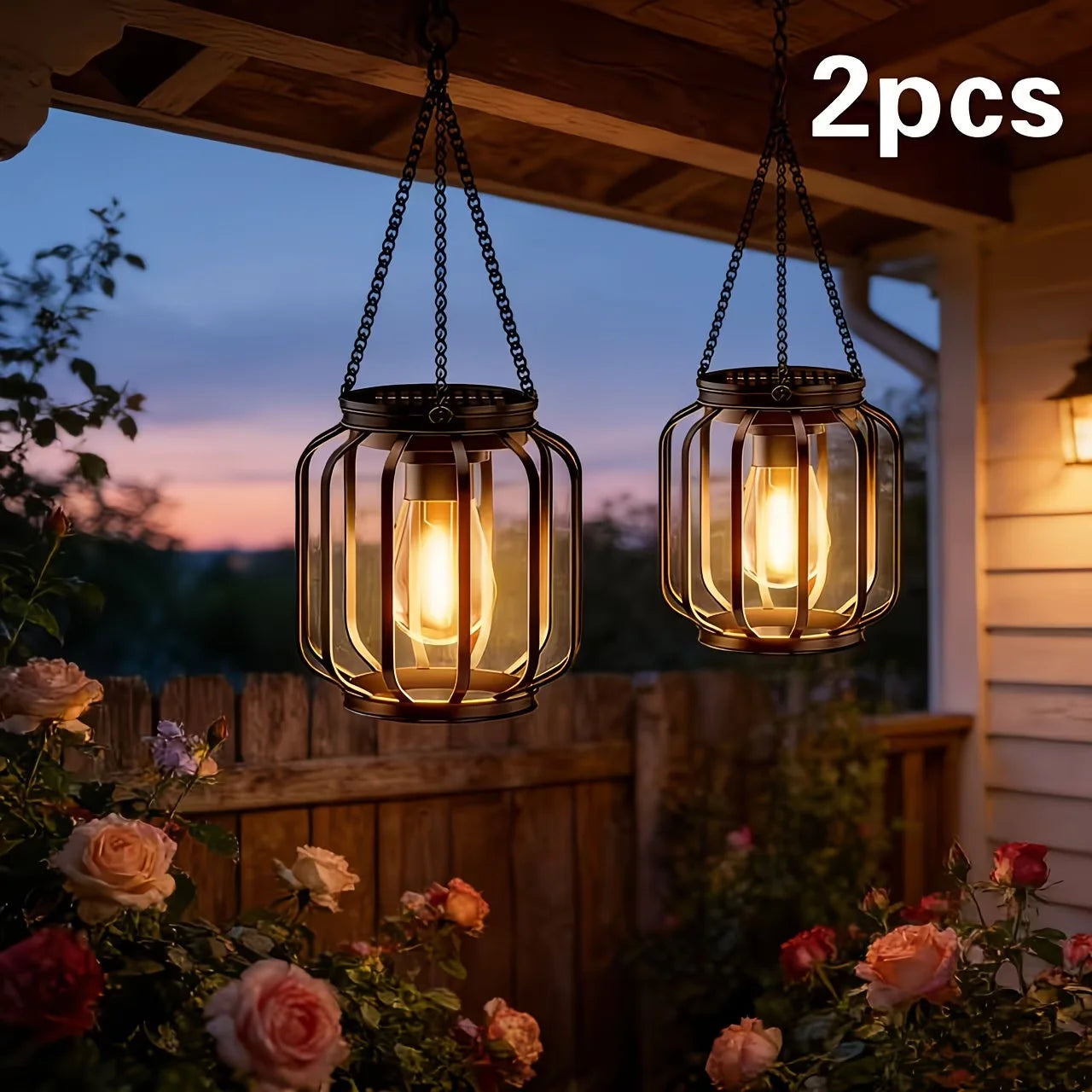 Two Solar Powered Outdoor Lanterns IP65 Waterproof For Porch Garden