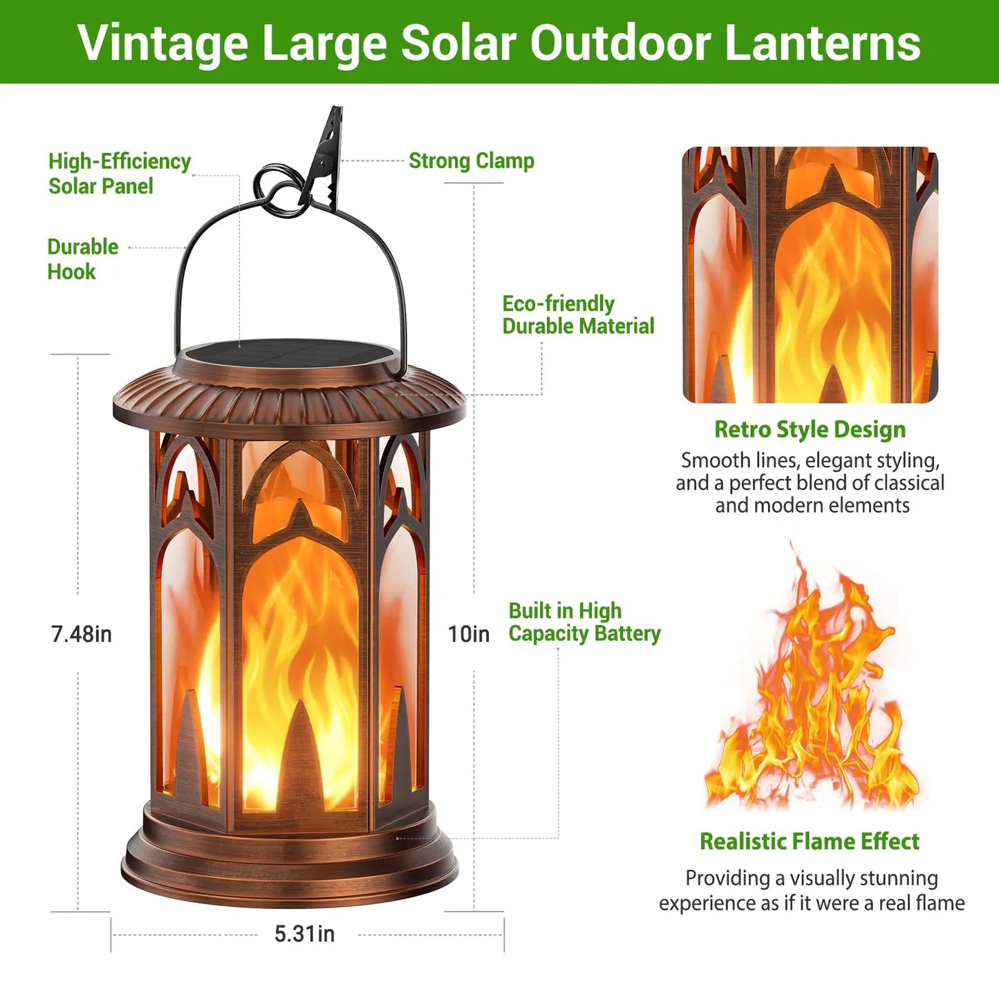Solar Lantern Outdoor Lights Flickering Flame Waterproof Auto On Off