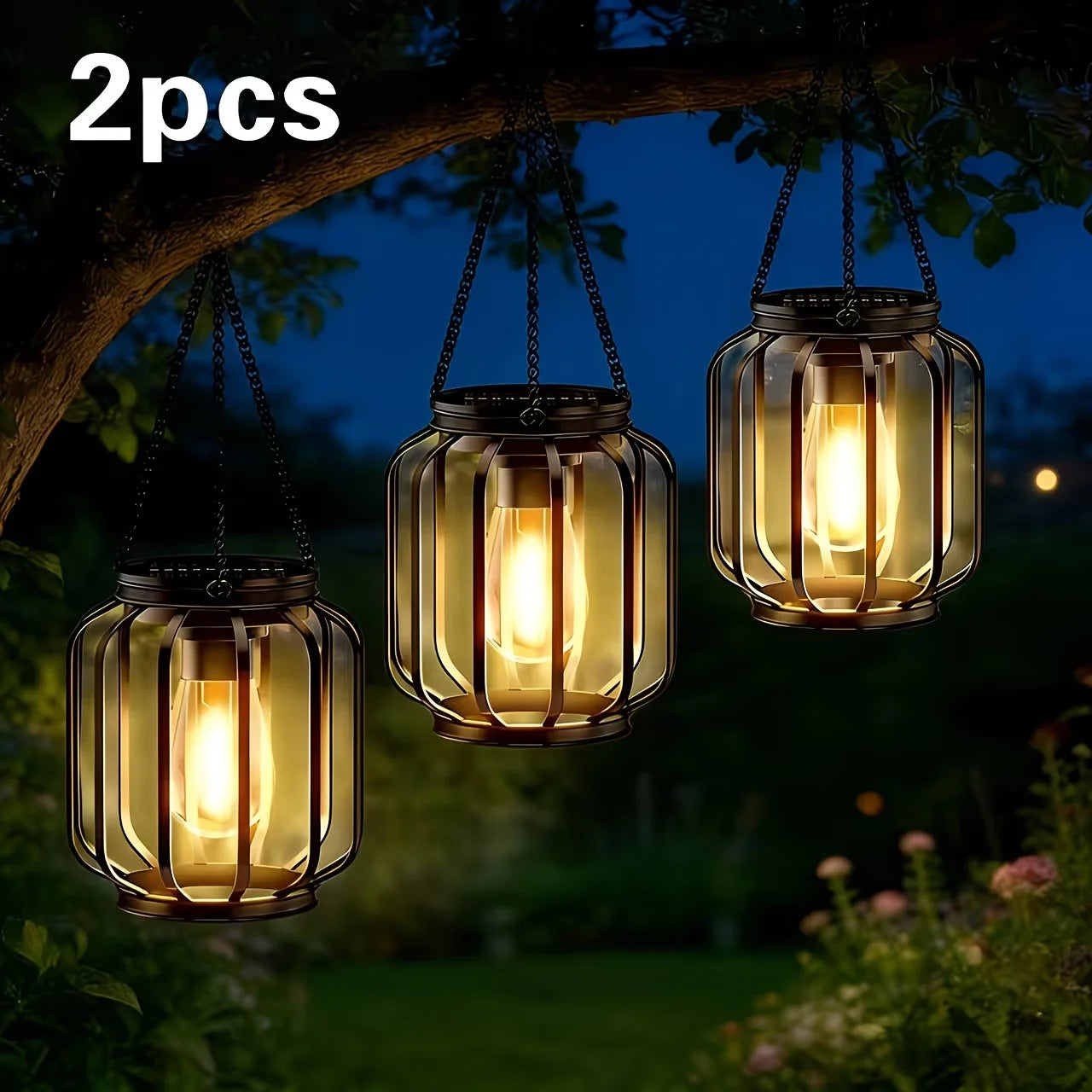 Two Solar Powered Outdoor Lanterns IP65 Waterproof For Porch Garden
