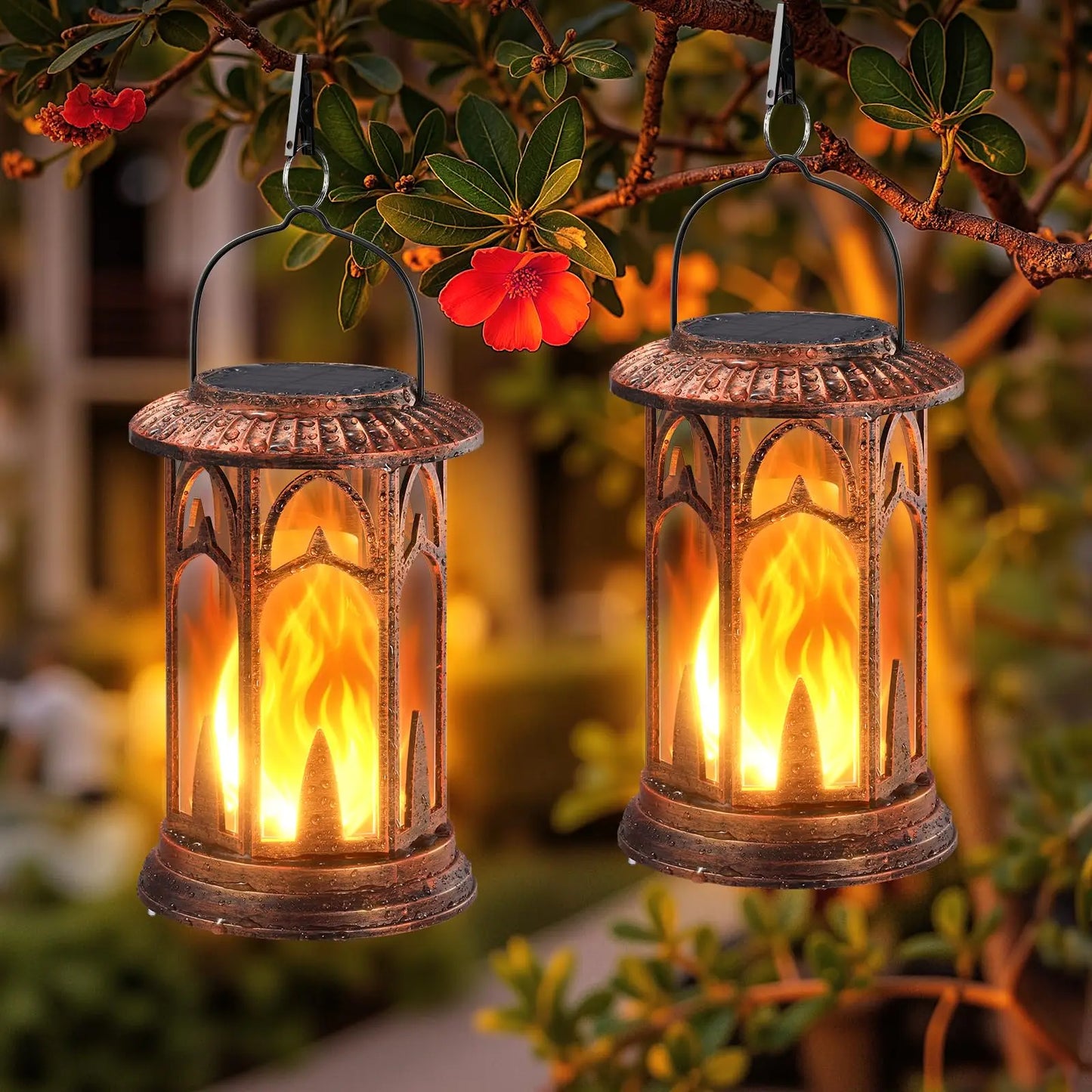 Solar Lantern Outdoor Lights Flickering Flame Waterproof Auto On Off