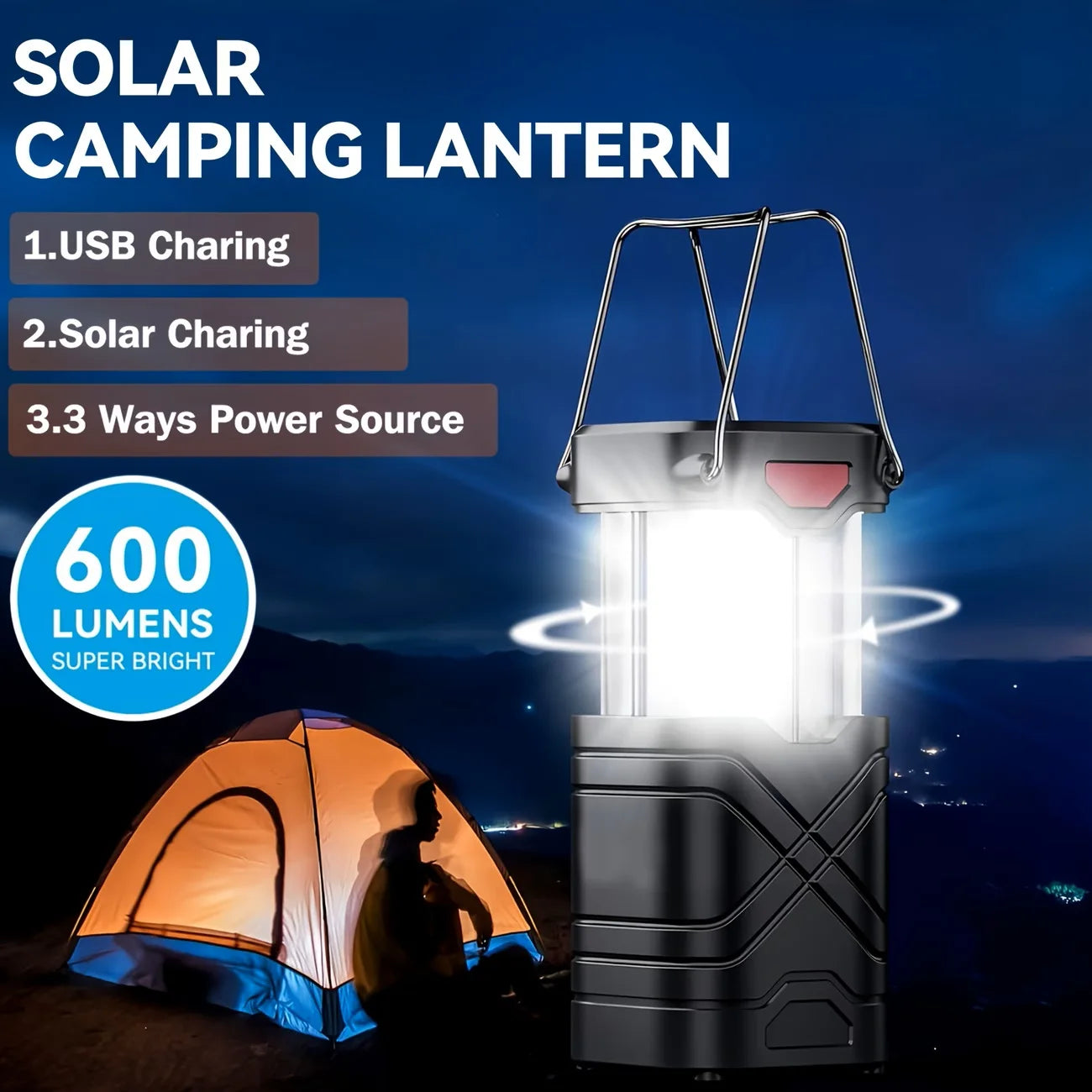 Solar Camping Lantern Rechargeable LED With Flashlight USB C Powered