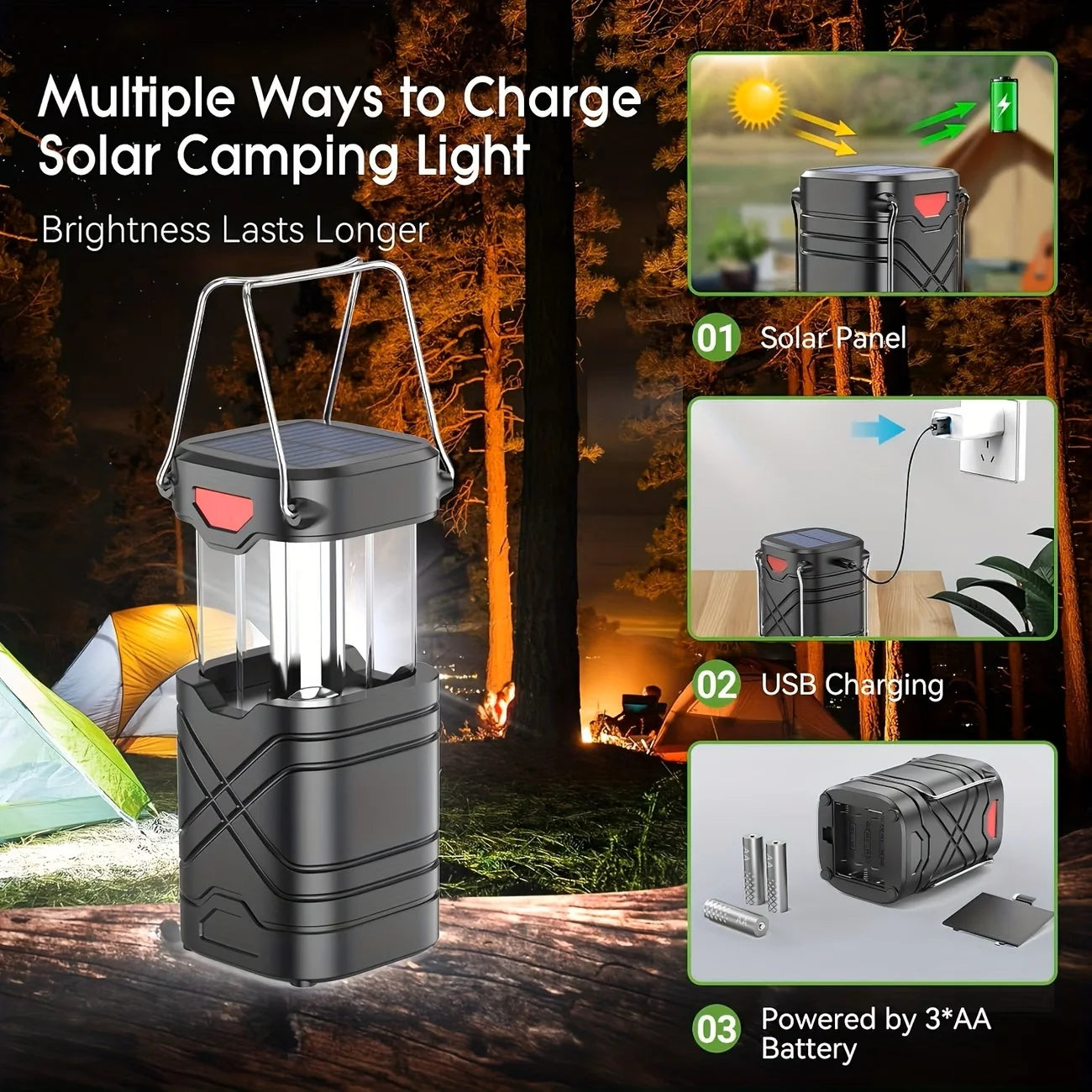 Solar Camping Lantern Rechargeable LED With Flashlight USB C Powered