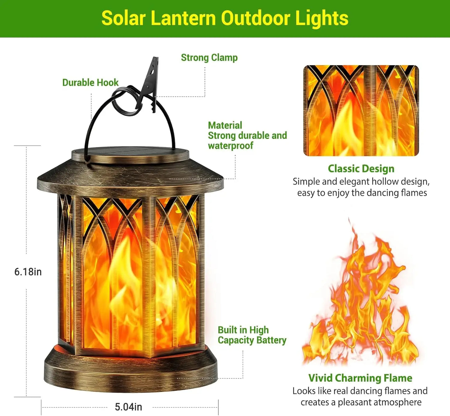 Waterproof Solar Lantern With Flickering Flame Auto On Off