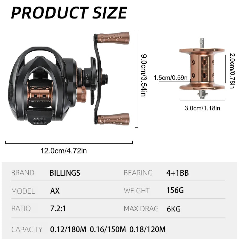 Billings 156G Baitcasting Reel Lightweight 7.2to1 High Speed Gear