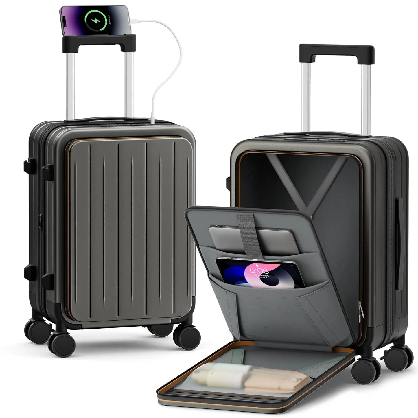 Expandable Carry On Luggage Hardshell With Front Pocket USB Port TSA Lock