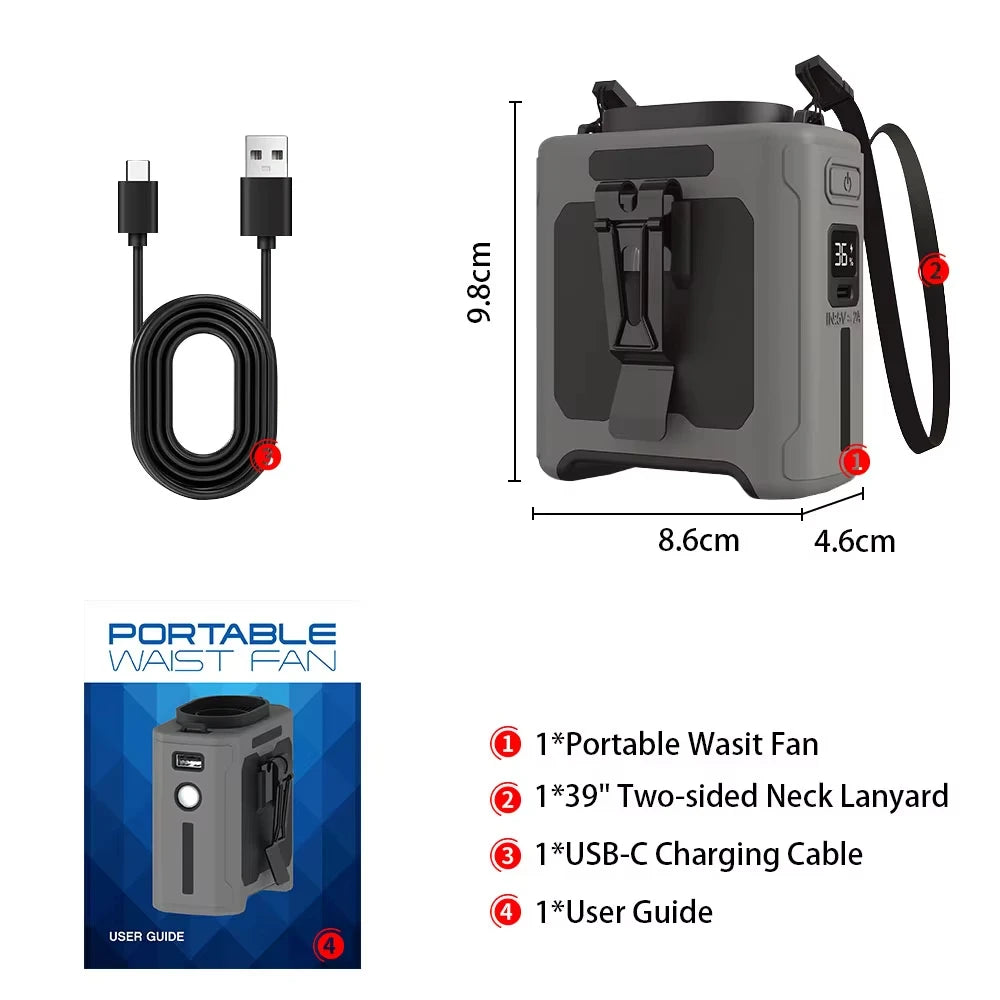 Portable 10000mAh Mini Waist Fan Wearable USB Rechargeable Five Speed