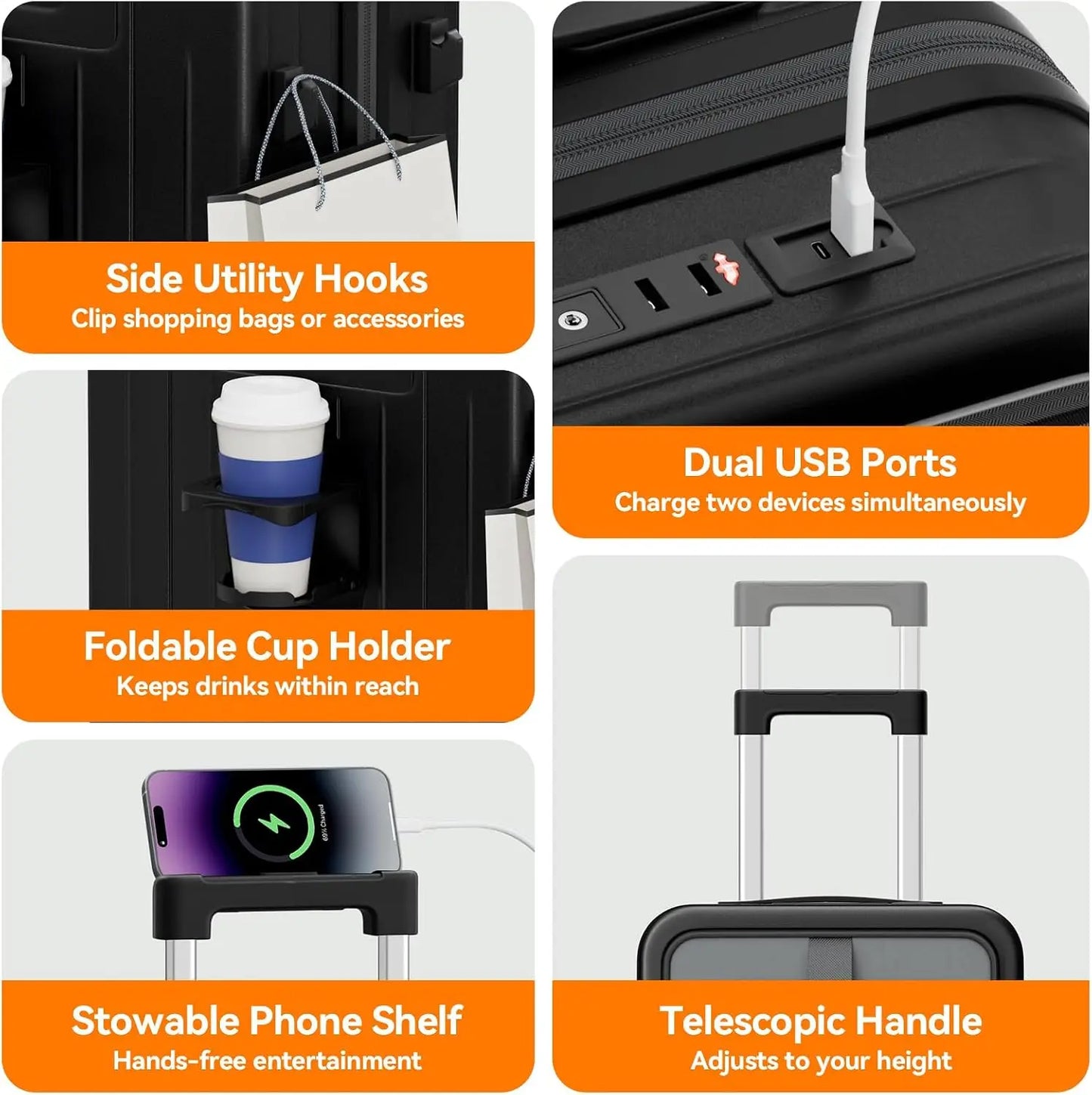 Expandable Carry On Luggage Hardshell With Front Pocket USB Port TSA Lock