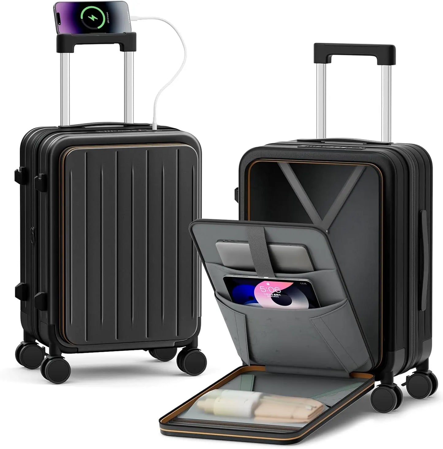 Expandable Carry On Luggage Hardshell With Front Pocket USB Port TSA Lock