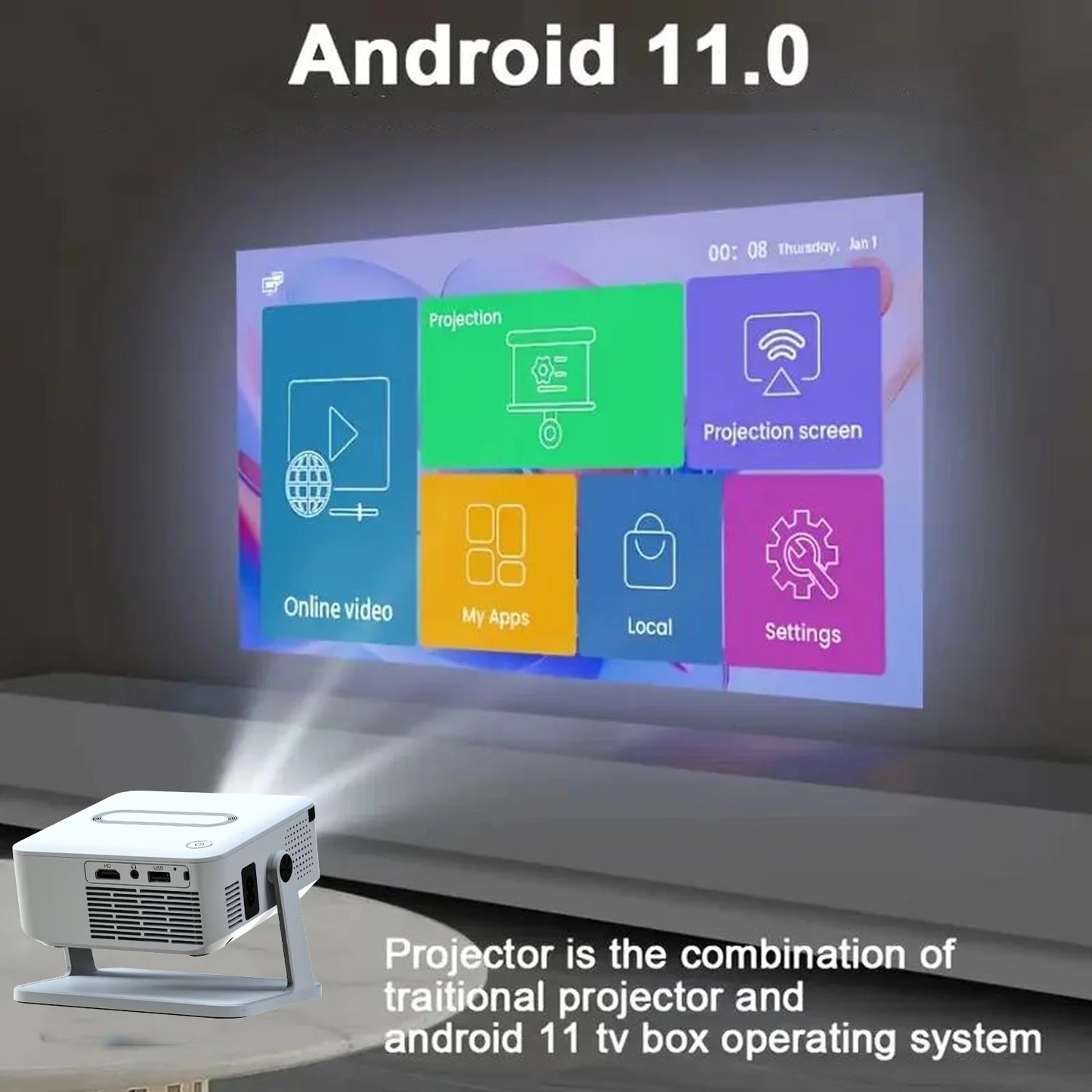 Xnano Android Smart Projector With HDMI USB Wireless Home Cinema