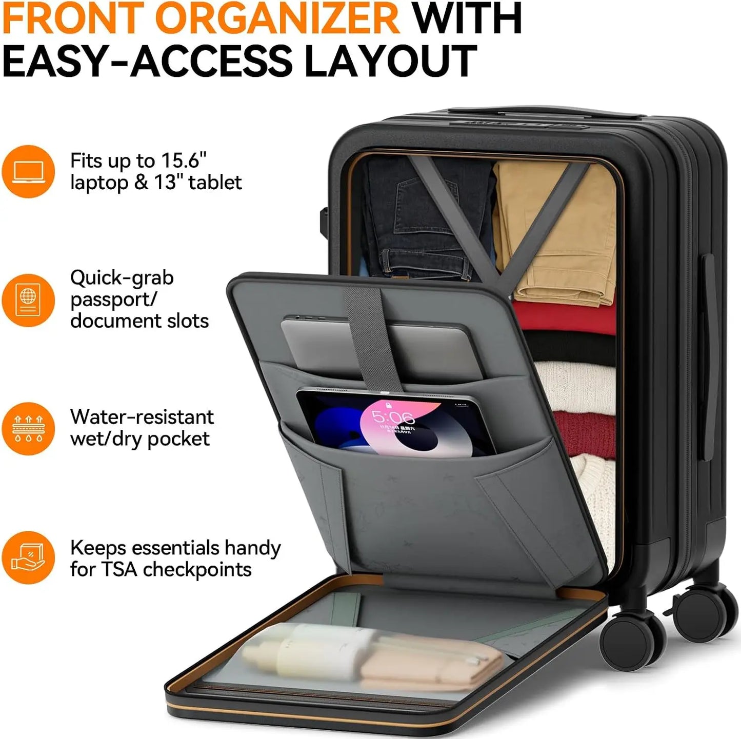 Expandable Carry On Luggage Hardshell With Front Pocket USB Port TSA Lock