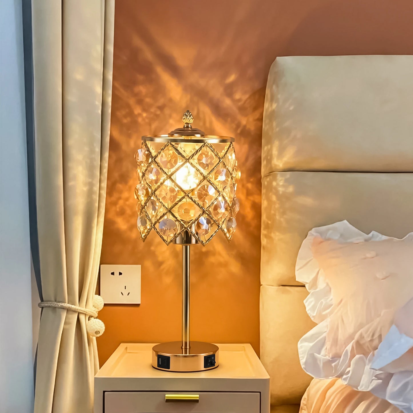 Gold Crystal Table Lamp With USB Charging Port And AC Outlet