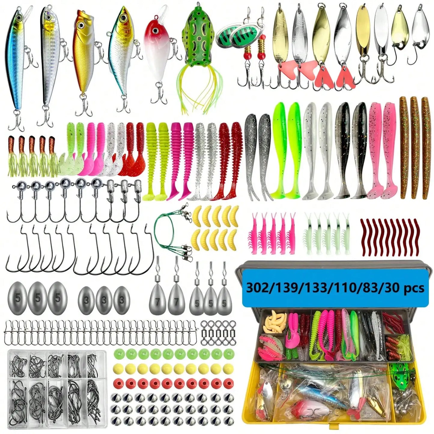 Fishing Lures Kit Set for Bass Trout Salmon Topwater Rigs 302pcs