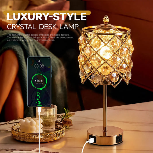 Gold Crystal Table Lamp With USB Charging Port And AC Outlet