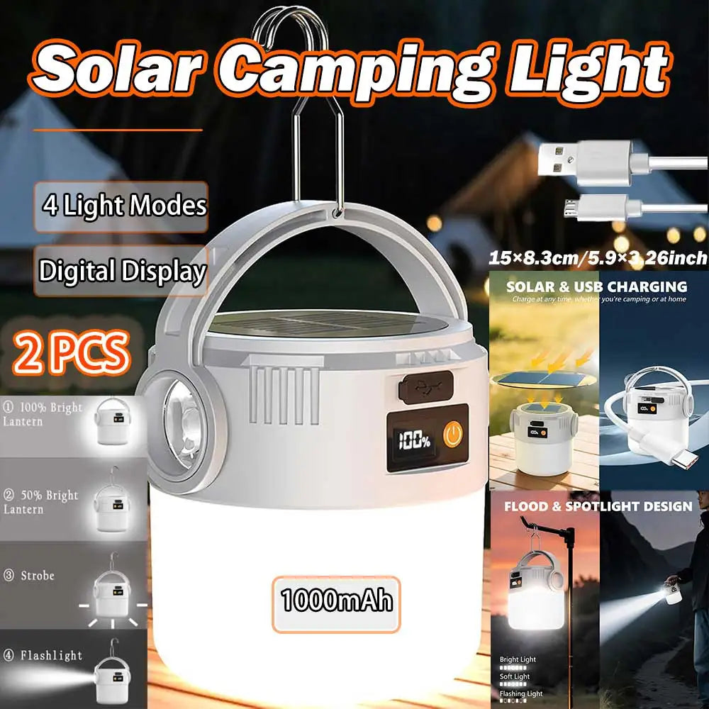 Solar Camping Lantern USB Rechargeable 2 Lamp 4 Modes Emergency Light