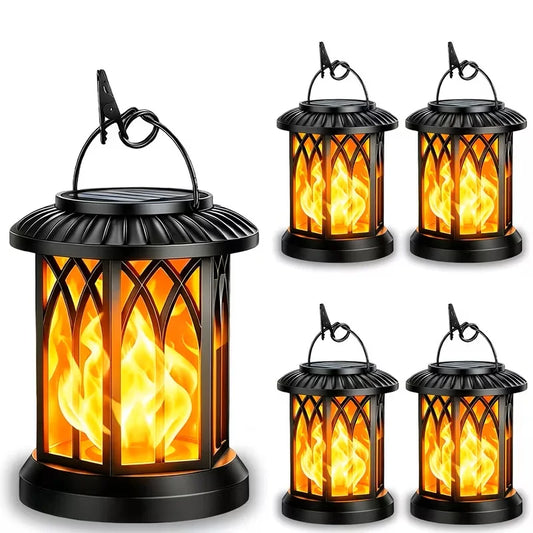 Hanging Solar Lanterns With Flickering Flames LEDs Waterproof Outdoor Lights