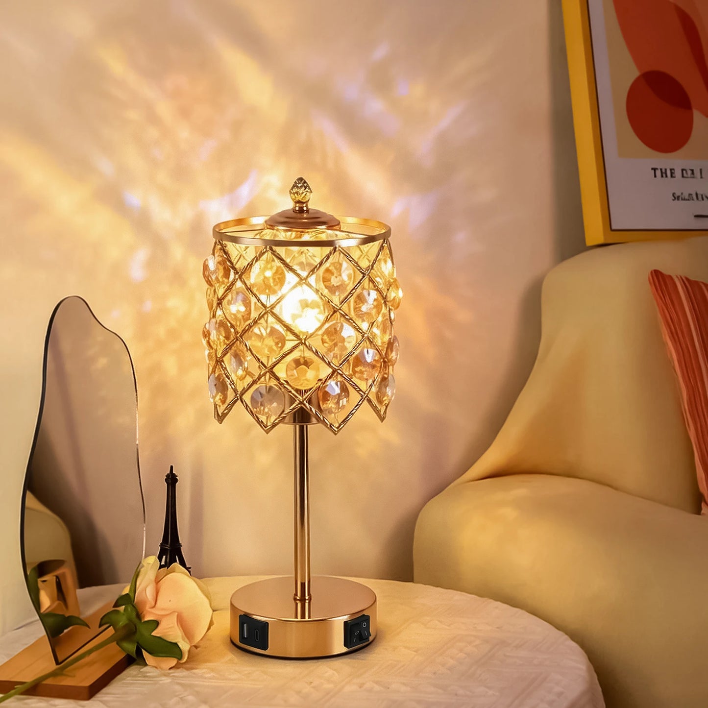 Gold Crystal Table Lamp With USB Charging Port And AC Outlet