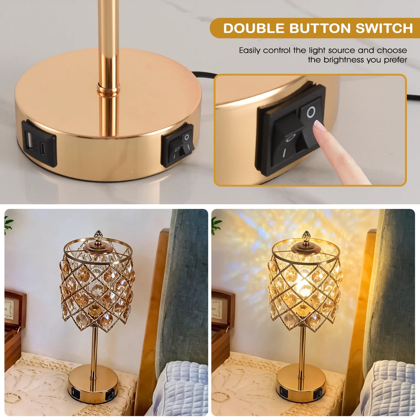 Gold Crystal Table Lamp With USB Charging Port And AC Outlet