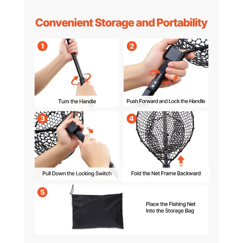 Foldable Landing Net With Telescopic Handle And Aluminum Frame