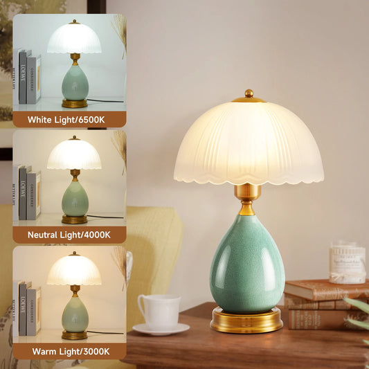 Vintage Crackle Ceramic Table Lamp With Pleated Frosted Glass Shade