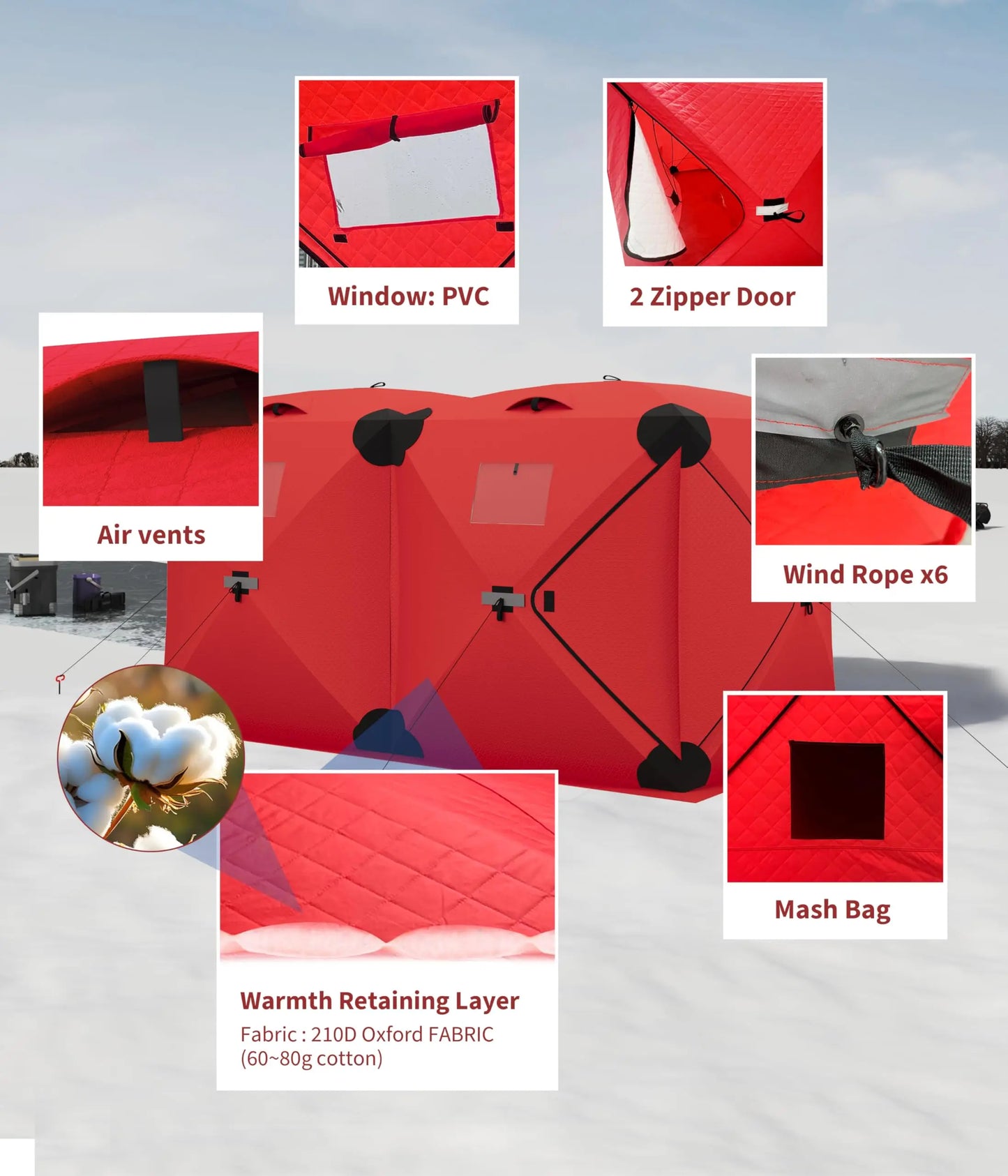 Pop Up Ice Fishing Tent Insulated Shelter Hub Style Windproof