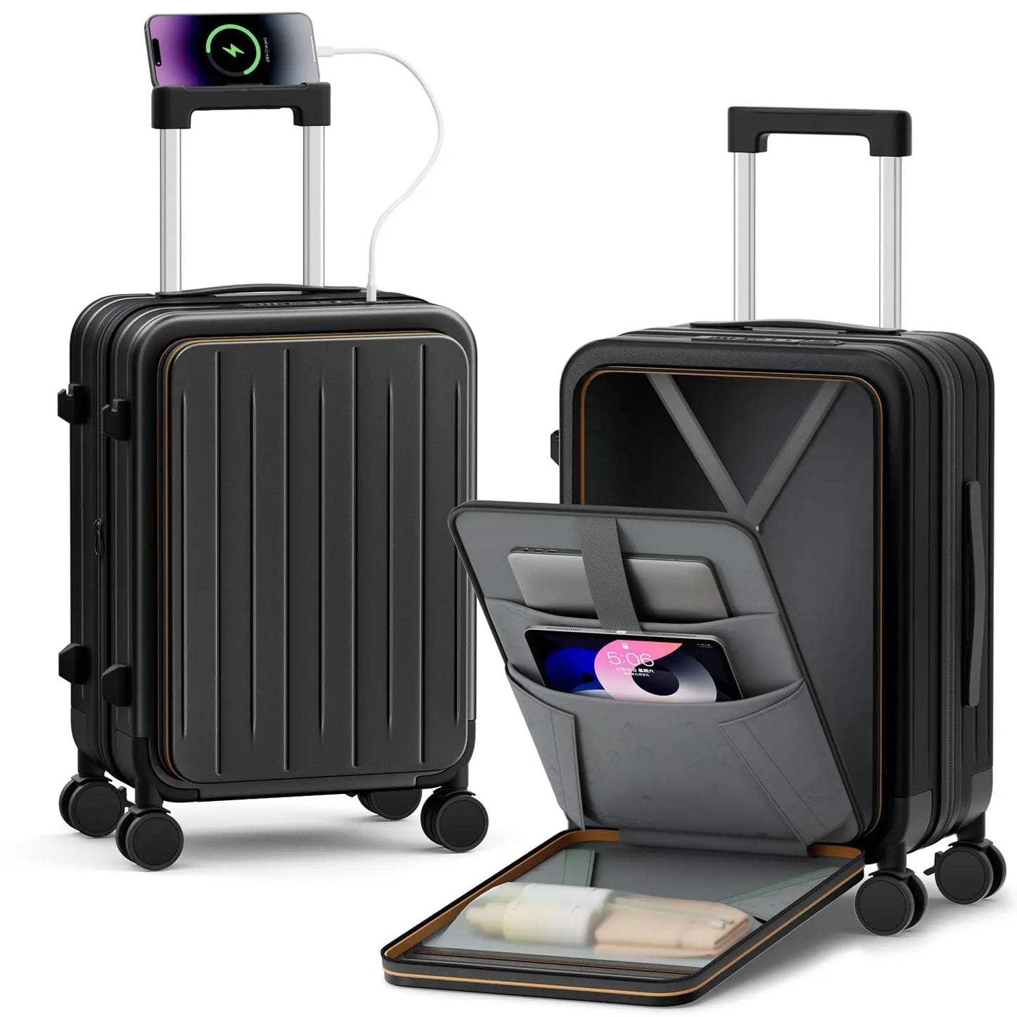 Expandable Carry On Luggage Hardshell With Front Pocket USB Port TSA Lock