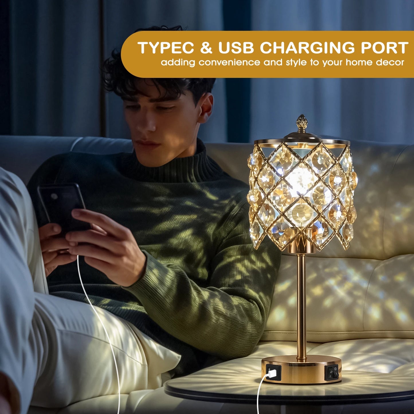 Gold Crystal Table Lamp With USB Charging Port And AC Outlet