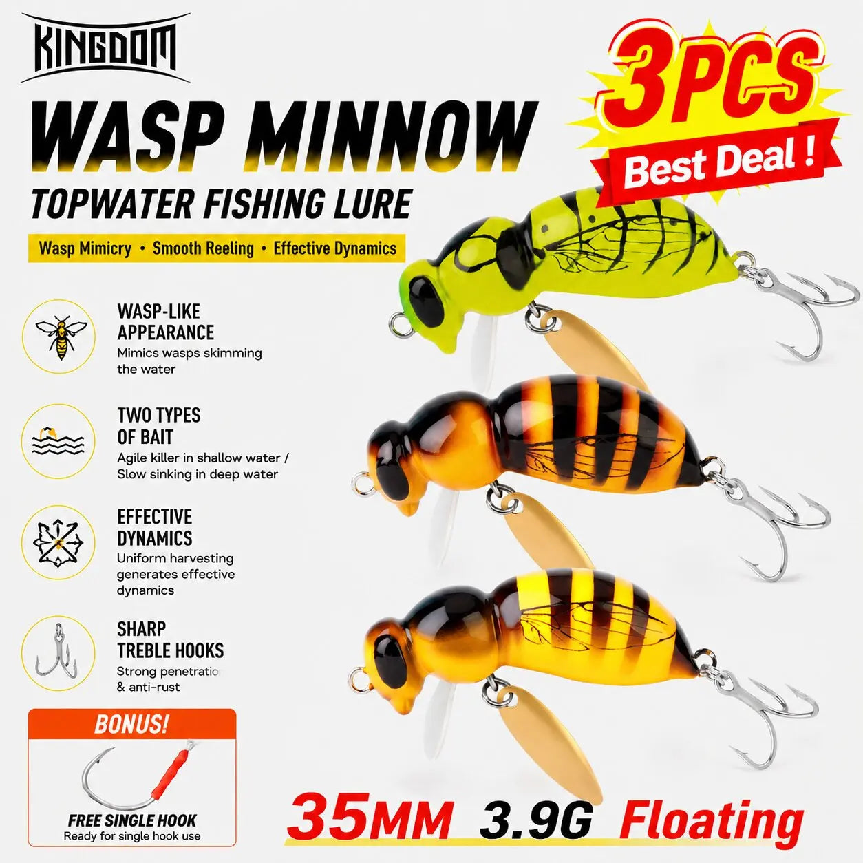 Kingdom Wasp Minnow Lure Floating Wobblers With Spinner