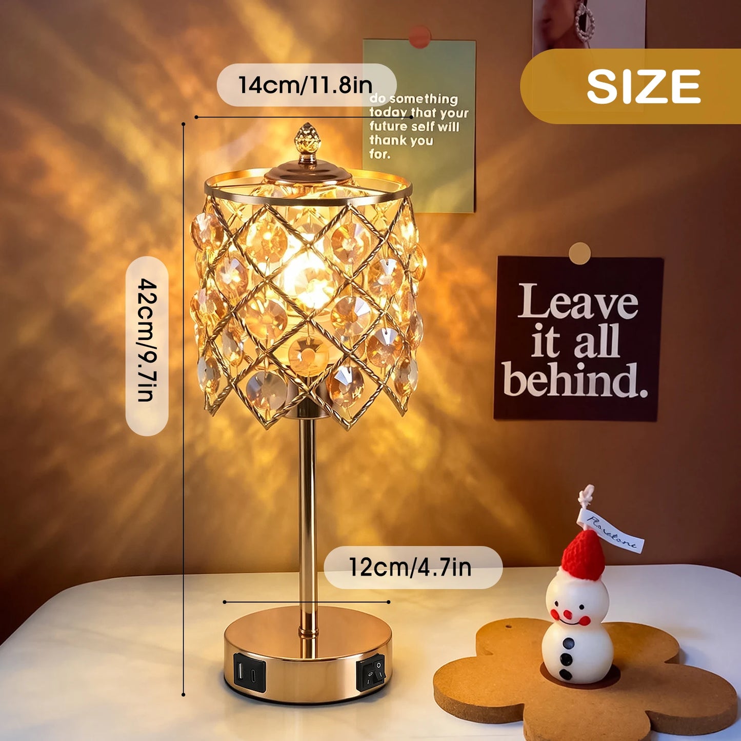 Gold Crystal Table Lamp With USB Charging Port And AC Outlet
