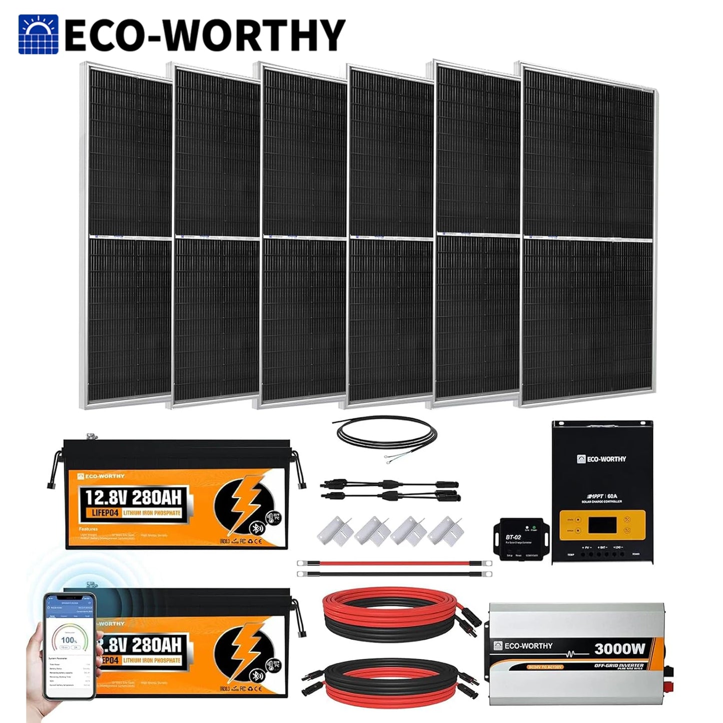 ECO-WORTHY 1200W Off-Grid Solar System With 6x195W Panels And 2x280Ah Batteries