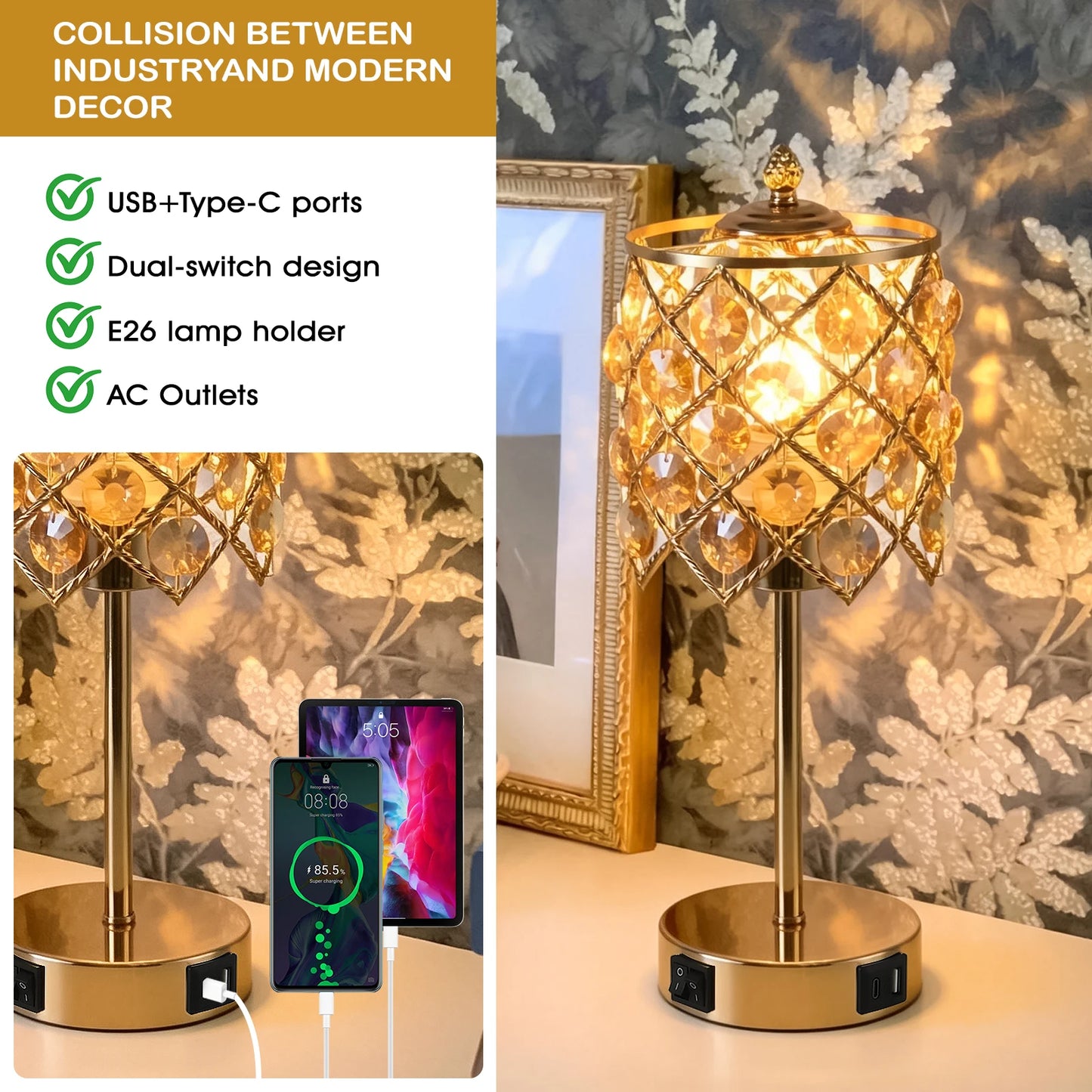 Gold Crystal Table Lamp With USB Charging Port And AC Outlet